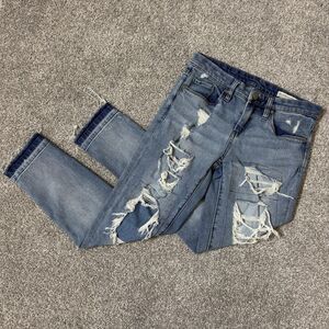 BLANKNYC Jeans Womens 25 Blue Distressed Crop Girlfriend Ripped Raw Hem Ankle